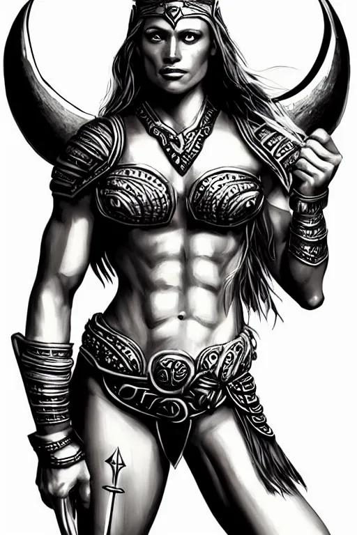 Prompt: full body portrait, thin muscular viking amazon warrior woman, 6 pack ab, symmetrical beautiful face, relaxed pose. fantasy illustration