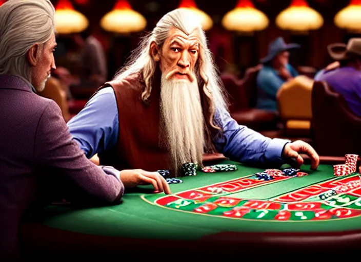 Image similar to film still of gandalf gambling in a casino in new pixar movie, 8 k