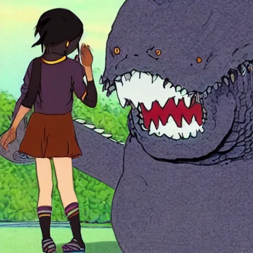Image similar to Dark skinned girl pets Chibi Godzilla, Studio Ghibli