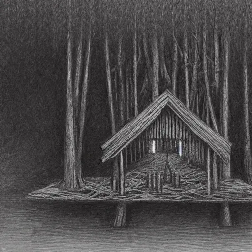 Image similar to a drawing of a eerie cabin in the middle of the woods in the style of beksinski