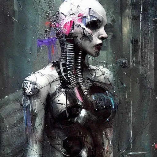 Prompt: female cybernetic dream hunter, cyberpunk, wires, skulls!! machines ( by emil melmoth zdzislaw belsinki craig mullins yoji shinkawa ) realistic render ominous detailed photo atmospheric by jeremy mann francis bacon and agnes cecile ink drips paint smears!! digital glitches glitchart!!