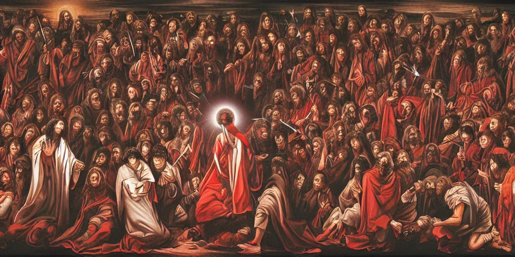 Image similar to a single blood - red eyeball is in the center of the picture, surrounded by apostles of god, 4 k resolution, by miura kentaro, ultra detailed,