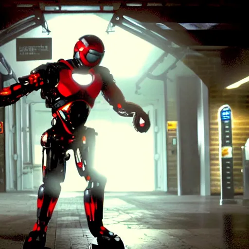 Image similar to movie still of super heroe cyborg, cinematic composition, cinematic light, by edgar wright