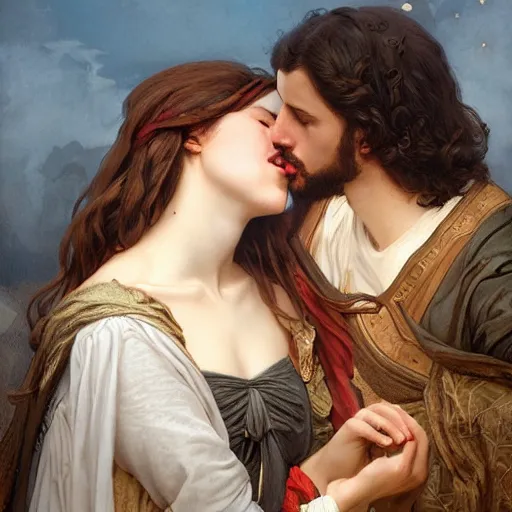 Image similar to jesus kissing a maria maddalena, intricate, elegant, highly detailed, digital painting, artstation, concept art, matte, sharp focus, illustration, art by artgerm and greg rutkowski and alphonse mucha