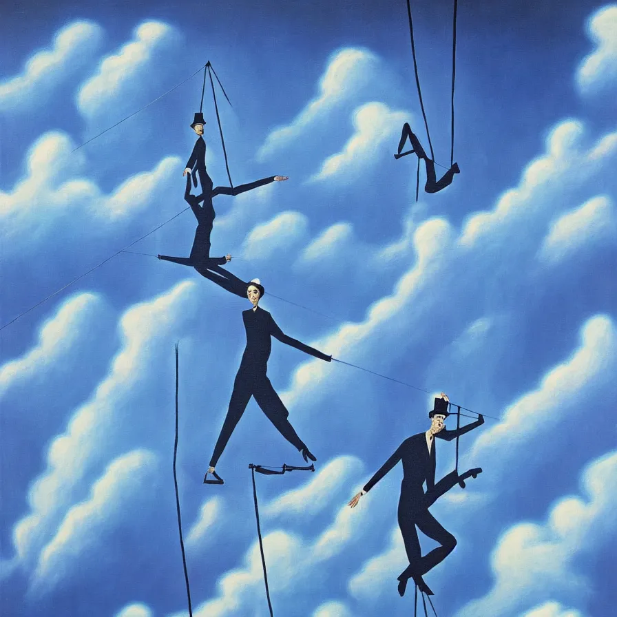 Prompt: surrealist artwork about a tightrope walker among the clouds falling down into a megacity full of illusions '. blue indigo colour scheme