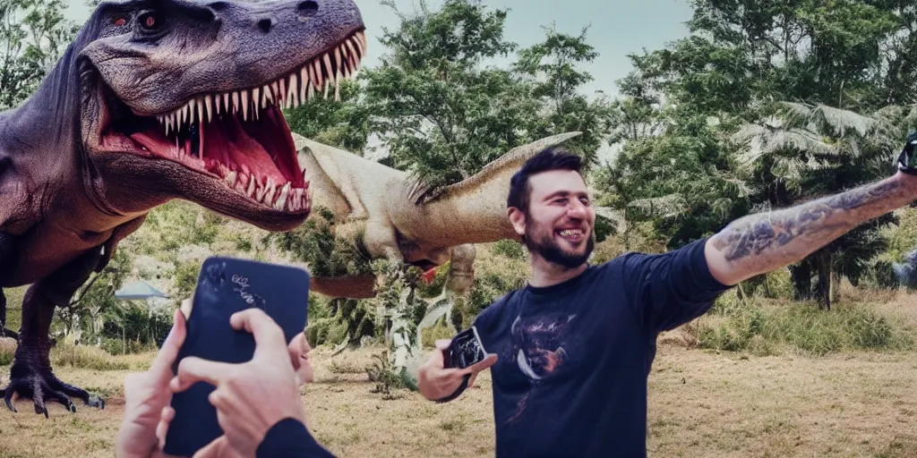Prompt: a man taking a selfie beside a tyrannosaurus rex, award-winning photography, 8K UHD