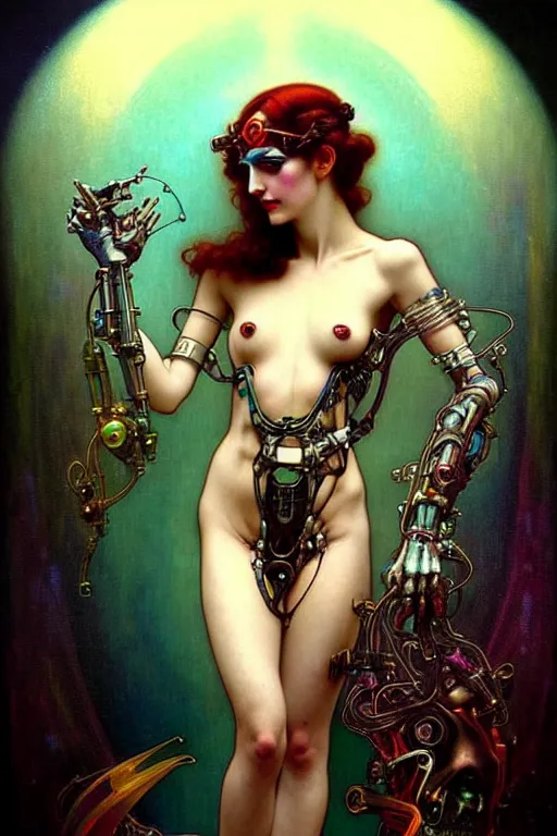 Image similar to young and beautiful evil prismatic cyborg goddess by future steichen in the style of tom bagshaw, alphonse mucha, gaston bussiere, cyberpunk. anatomically correct elegant cybernetic body mods. extremely lush detail. masterpiece. melancholic scene infected by night. perfect composition and lighting. sharp focus. high contrast lush surrealistic photorealism. sultry evil.