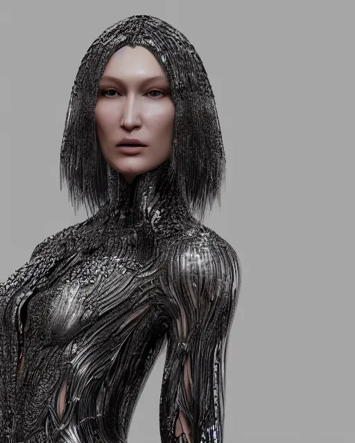 Prompt: a highly detailed metahuman 8 k close up render of bella hadid in iris van herpen dress made in unreal engine 4