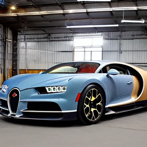 Image similar to an abandoned, derelict, rusty bugatti chiron in a dirty warehouse