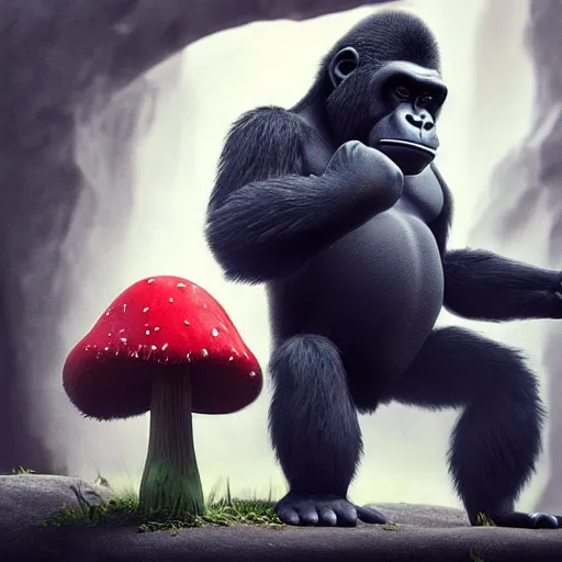 Image similar to a wholesome animation key shot of a gorilla holding a very small red mushroom, chilled out smirk on face, studio ghibli, pixar and disney animation, sharp, rendered in unreal engine 5, anime key art by greg rutkowski, bloom, dramatic lighting, made by banksy