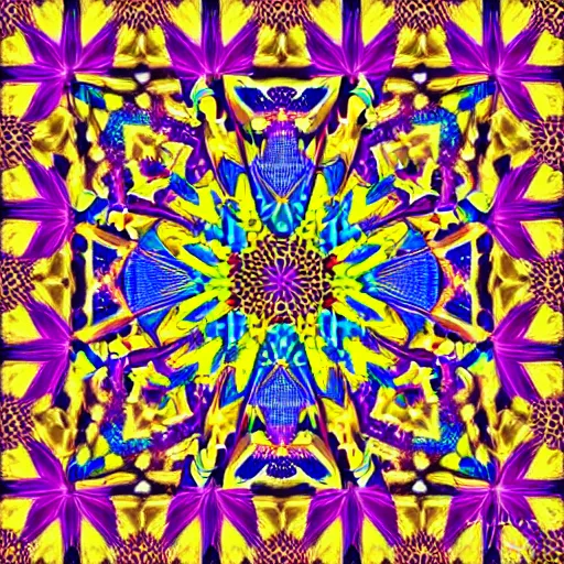 Prompt: a geometric kaleidoscopic symmetrical pattern of bright colors trending 4 k masterpiece intricate digital art