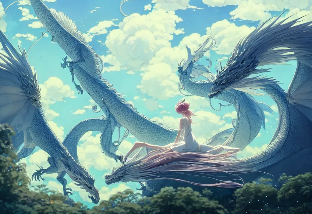 Image similar to the beautiful hyper detailed scene render that a lonely single beautiful girl lies in the arms of a huge silver dragon alone in the fairyland surrounded by white clouds, in the style of makoto shinkai victo ngai and peter mohrbacher studio ghibli artgerm karol bak beeple, cinematic, absolutely beautiful, ultra wide angle, animation style, 8 k hd