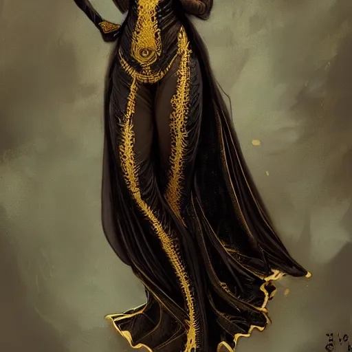 Image similar to Tall brown-skin elf woman, in elegant black and gold textured robes. Mid body shot. intricate, elegant, highly detailed, digital painting, artstation, concept art, smooth, sharp focus, art by stanley artgerm and greg rutkowski and alphonse mucha,