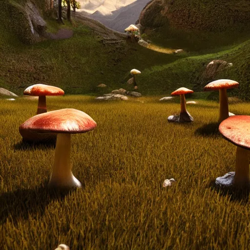 Prompt: mountain pass, moshrooms on ground, mountains in background, octane render, unreal engine, realistic shadows, strong shadows, evening, 55mm