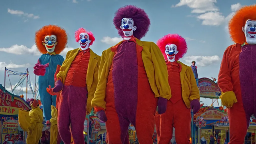 Image similar to the giant clowns at the fair, film still from the movie directed by denis villeneuve and david cronenberg with art direction by salvador dali and dr. seuss