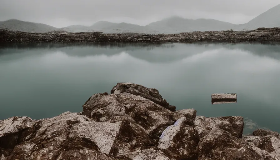 Image similar to rope floating to surface of water in the middle of the lake, overcast lake, rocky foreground, 2 4 mm leica anamorphic lens, moody scene, stunning composition, hyper detailed, color kodak film stock