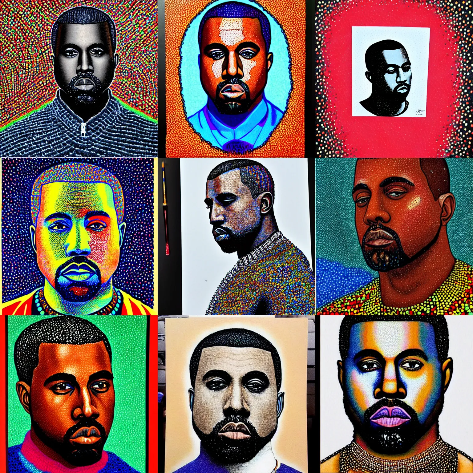 Prompt: a pointilism painting of kanye west, tumblr, qajar art, maximalist, official art, artwork, detailed painting, fauvism