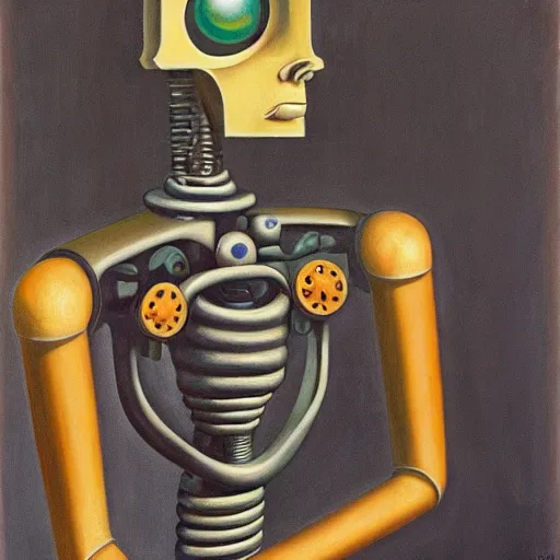 Image similar to biomechanical robot with soulful eyes portrait, lowbrow, pj crook, grant wood, edward hopper, oil on canvas