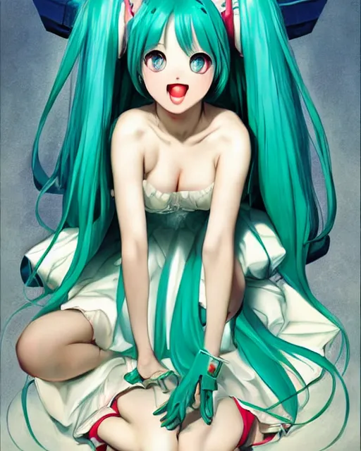 Image similar to Hatsune Miku singing on the scene, symmetrical eyes, beautiful pose, open mouth, art by Elvgren, Vargas and Moran