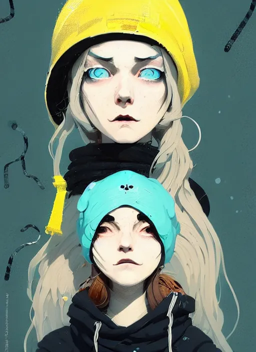 Prompt: highly detailed portrait of a sewerpunk student lady, blue eyes, hoody, beanie hat, white hair by atey ghailan, james gilleard, by greg rutkowski, by joe fenton, by greg tocchini, by kaethe butcher, gradient yellow, black, brown and cyan color scheme, grunge aesthetic!!! ( ( graffiti tag wall background ) )