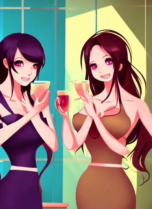 Image similar to two beautiful housewives in the living room on a hot summer evening, gorgeous faces, thick lines, cinematic lighting, detailed anime art