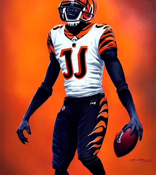 Prompt: highly detailed portrait of ja'marr chase cincinnati bengals football, orange & black uniform with # 1 printed, unreal engine, fantasy art by greg rutkowski, loish, rhads, ferdinand knab, makoto shinkai and lois van baarle, ilya kuvshinov, rossdraws, tom bagshaw, global illumination, radiant light, detailed and intricate environment