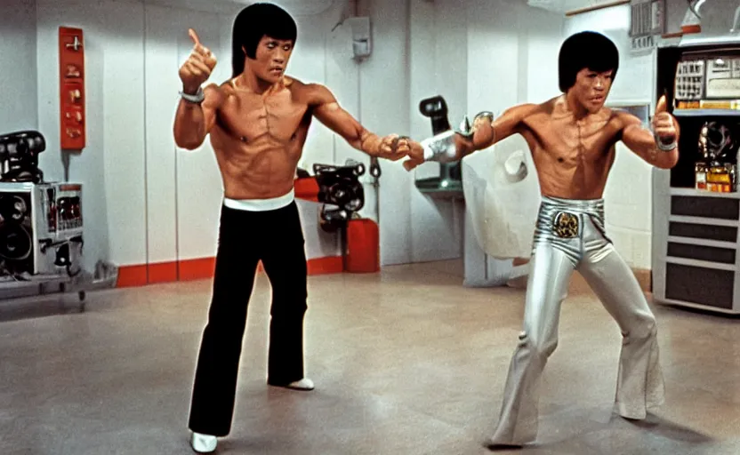 Image similar to 7 0 s movie still of bruce lee with mechanical robotic arms, kodachrome, cinecolor, cinestill, highly detailed, photorealistic, cinematic, film grain,