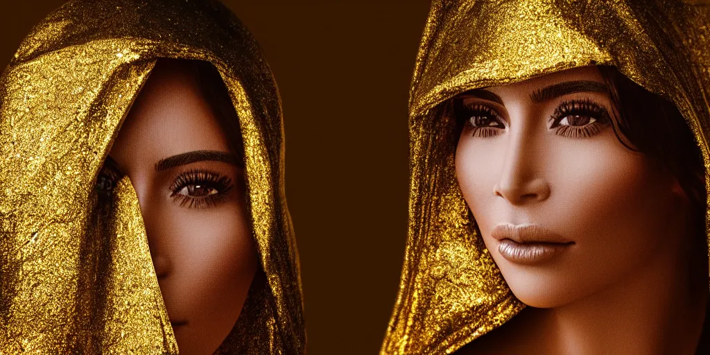 Image similar to macro portrait photograph of a glowing kim kardashian in a hood made of gold fabric at coachella stage, sparkling, ultra realistic, unreal 5 engine render, octane render, digital painting, smooth, elegant, pop art style, 8 k, 3 5 mm film grain,