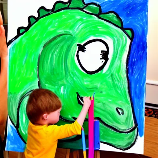 Image similar to a child's painting of a friendly dinosaur