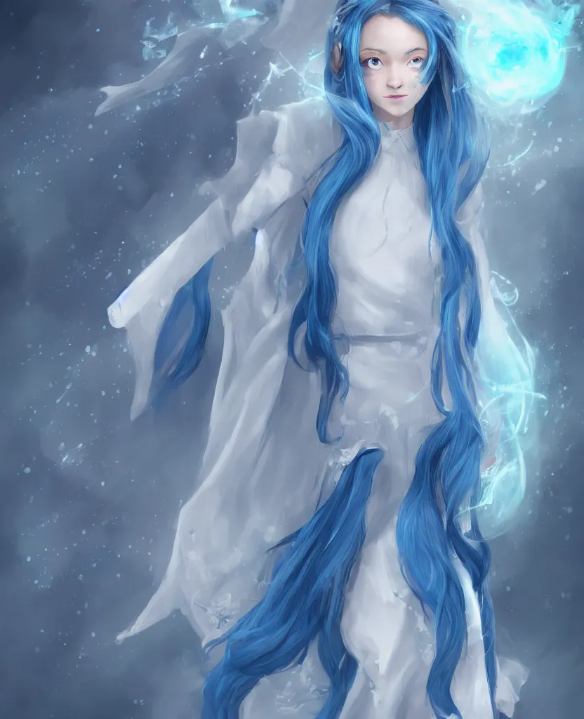 Prompt: A young female wizard with blue hair, in delicate white magical dress + concept art + detailed character portrait