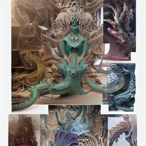 Prompt: Beeple, 3D intricate shapes, Ernst Haeckel, octane render, maya render, Chinese silk 3D Dragon palace, tiny statue on display, yukii morita, ellen jewett, mayeb, rough