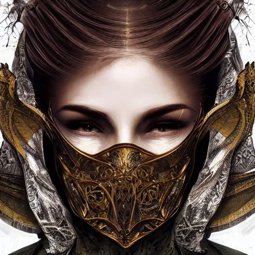 Image similar to Very very very very highly detailed epic photo of face with venetian mask, intricate, dystopian, sci-fi, extremely detailed, digital painting, artstation, concept art, smooth, sharp focus, illustration, intimidating lighting, incredible art by Artgerm and Brom