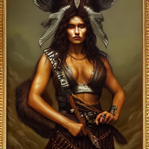 Prompt: the portrait of jenny the vixen ryan as an amazon warrior queen by roberto ferri, fantasy, witcher, very detailed oil painting, masterpiece, 8 k, full face