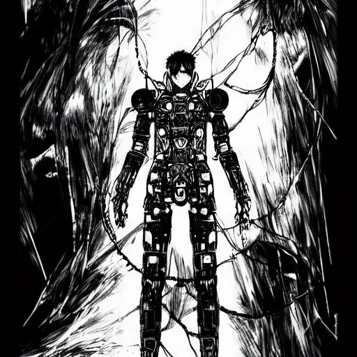 Image similar to a vertical portrait of a manga character in a scenic environment by nihei tsutomu, black and white, cybernetic armor, highly detailed