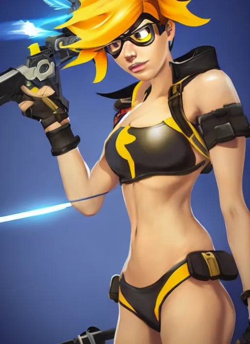 prompthunt: tracer game character, in yellow bikini, blonde hair