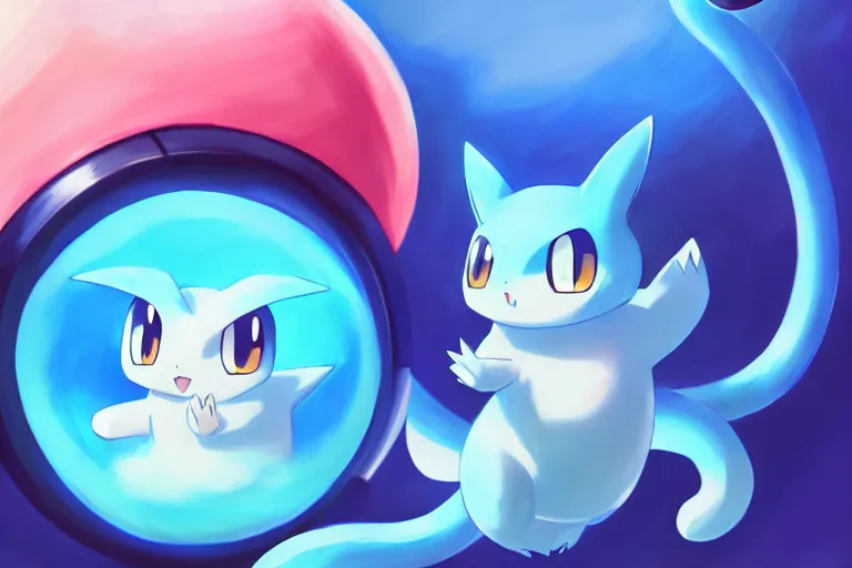 Image similar to cinematic portrait of cute Mew riding large blue bubble, oil on canvas in the style of Pokemon, epic masterpiece, trending on artstation, featured on pixiv, cinematic composition, dramatic pose, beautiful lighting, sharp, details, hyper-detailed, HD, HDR, 4K, 8K