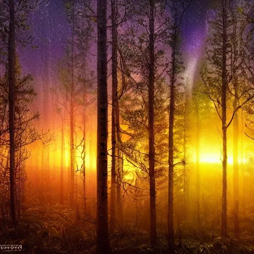 Prompt: sunrise nordic forest, sparkling spirits, detailed wide shot, crayon, ground detailed, wet eyes reflecting into eyes reflecting into infinity, beautiful lighting