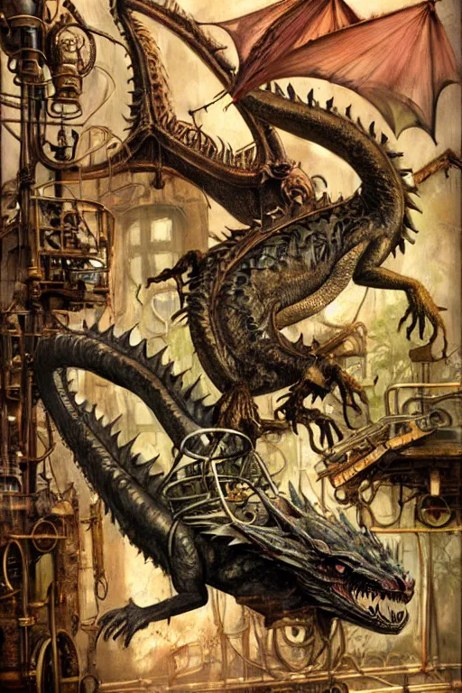 Prompt: hyper realistic old dying dragon lying down on a steam punk apparatus, art by jon foster