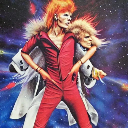 Prompt: david bowie giving a piggy back ride to ziggy stardust. glam rock. cosmic. peter elson. detailed faces