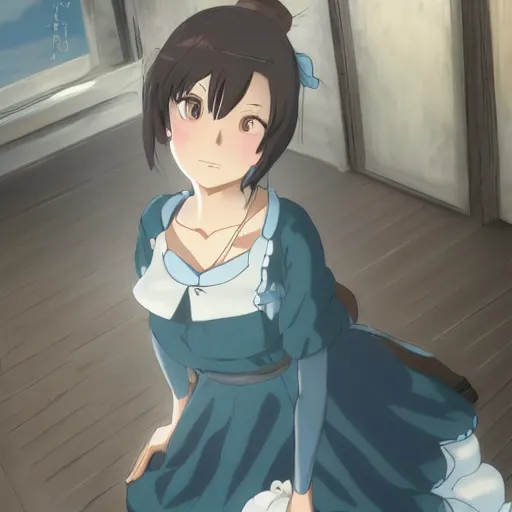 Image similar to a female maid girl winking, makoto shinkai, ghibli, wlop, highly detailed, studio portrait, anime key visual,