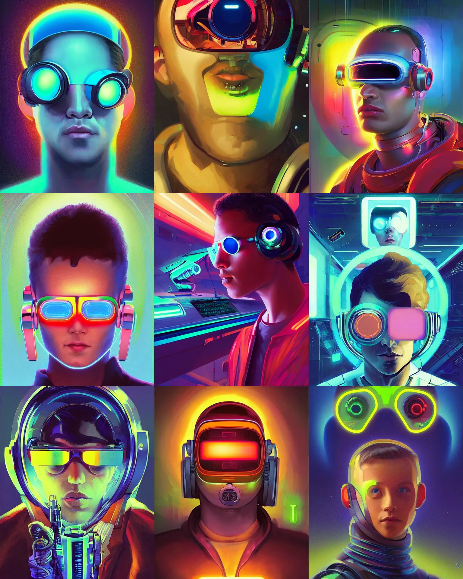 Image similar to future coder man looking on, sleek cyclops display over eyes and sleek bright headphoneset, neon accent lights, holographic colors, desaturated headshot portrait digital painting by dean cornwall, rhads, john berkey, tom whalen, alex grey, alphonse mucha, donoto giancola, astronaut cyberpunk electric