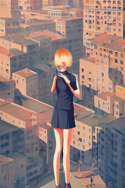 Image similar to a cute giantess wearing school uniform standing in the city which seem small, bird's eye view, strong brush stroke, sharp focus, illustration, morandi color scheme, art station, by ilya kuvshinov