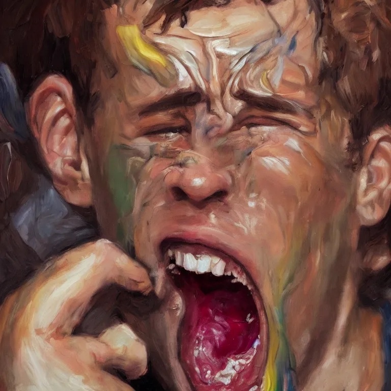 Image similar to warmly lit close up studio portrait of young angry!! screaming teenage Jerry Seinfeld furious!, impasto oil painting thick brushstrokes by Lucian Freud and Cy Twombly and Tim Hawkinson , trending on artstation dramatic lighting Expressionism