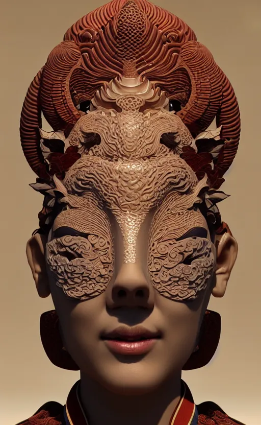 Image similar to 3 d goddess close - up profile portrait. beautiful intricate highly detailed korean gumiho mask and traditional hanbok. stingray, magpie, bio luminescent, plasma, lava, ice, water, wind, creature, artwork by tooth wu and wlop and beeple and greg rutkowski, octane 3 d render