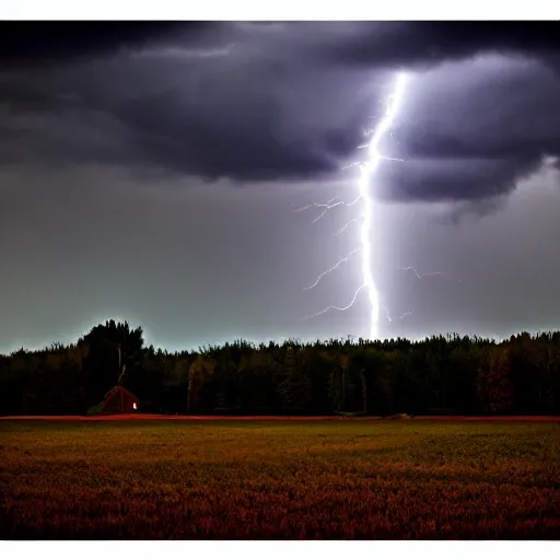 Prompt: lighting strikes at barn in the open fields, complementary colors