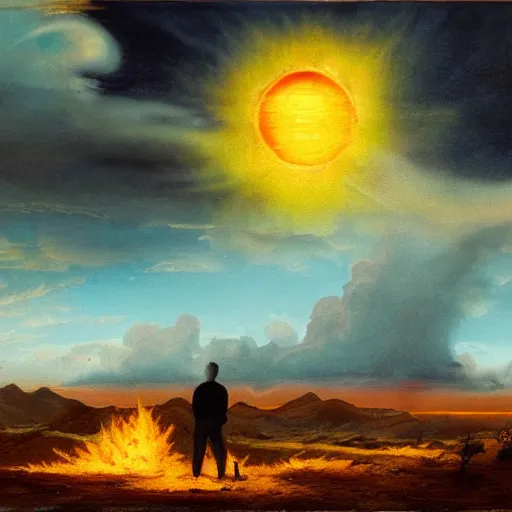 Prompt: giant fiery sun takes up most of the sky, two men look out over the horizon of a desert with plants on fire, lightning strikes in the distance, highly detailed matte painting