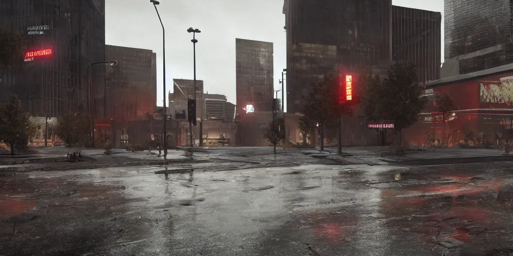 Prompt: anarchopacifist downtown denver with heavy rain, cinematic, ultra - realistic, ultra - detailed, octane render, unreal engine 5, depth of field