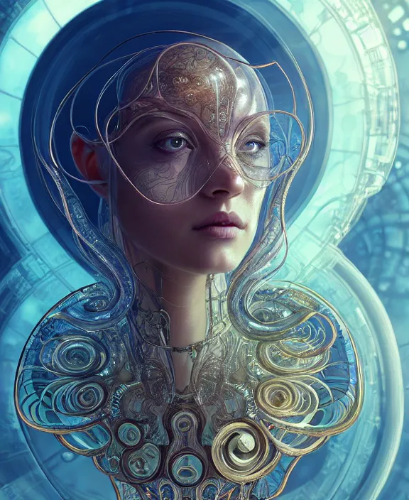 Image similar to intricate ornate opulent transparent clear see - through portrait of a cybernetic beautiful alien nautilus, mottled coloring, adorable, childlike, apocalyptic environment, ultra realistic, concept art, art nouveau, photorealistic, octane render, 8 k, unreal engine. art by christopher marley and artgerm and greg rutkowski and alphonse mucha