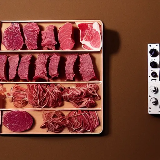 Prompt: a modular synthesizer made from raw meat