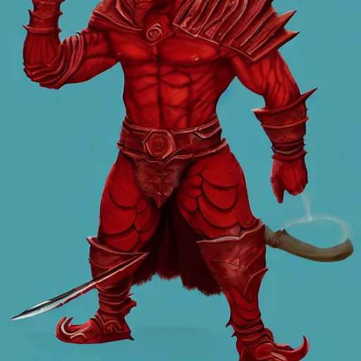 Image similar to red scaled male dragonborn wearing rogue outfit, full body portrait, vertical, muscular, wielding two daggers, fantasy, digital painting, cell shading, sharp, smooth focus